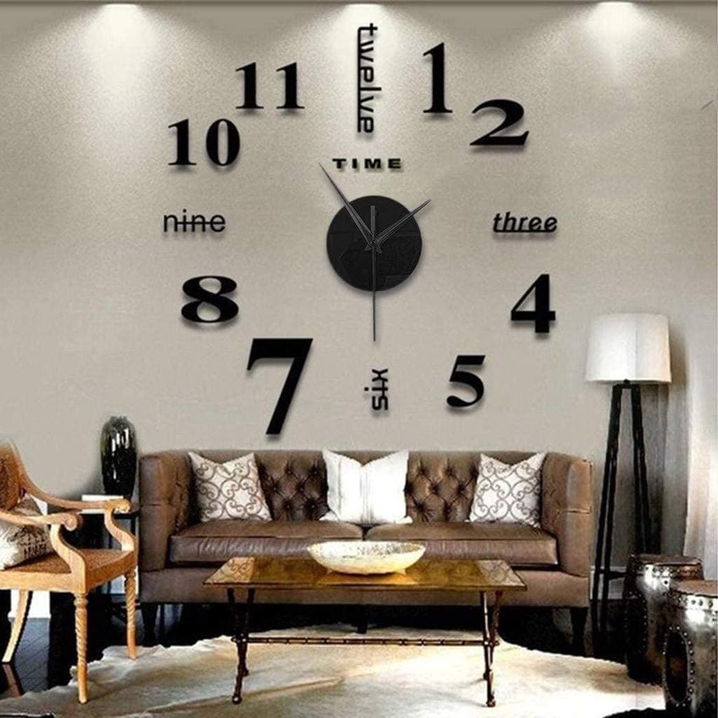 Frameless DIY 3D Wall Clock - Large for Living Room, Kitchen, Bedroom, Office, Home Decor - Acrylic Digital Modern Stick-On Clock (Black)