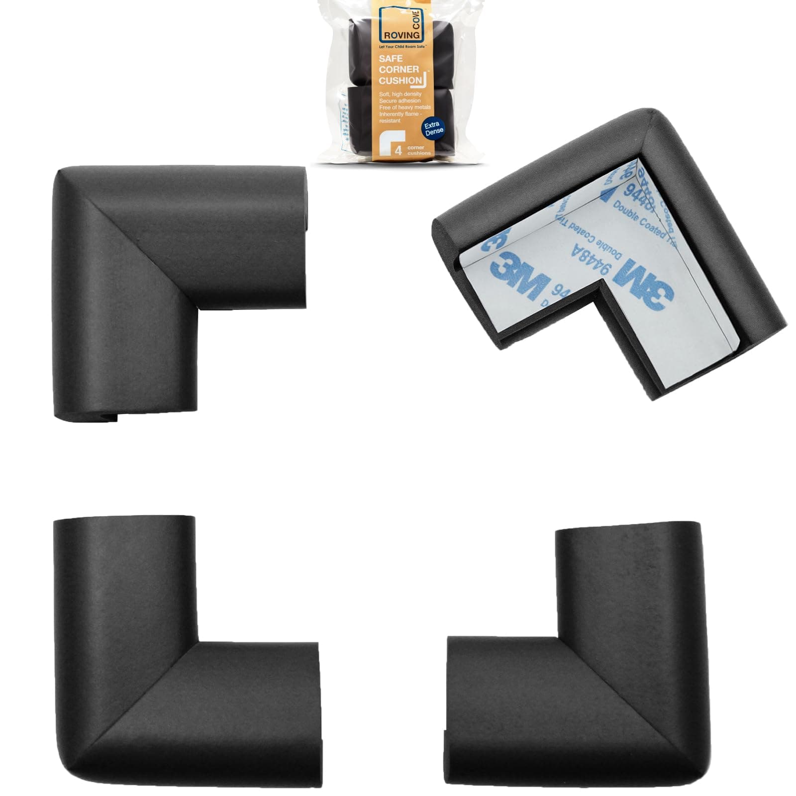 Roving Cove HeftyFit Corner Protector for Baby (4 Large Corners), Heavy-Duty Soft Rubber Foam Furniture Corner Bumper Guards, 3M Adhesive Pre-Taped, Onyx Black