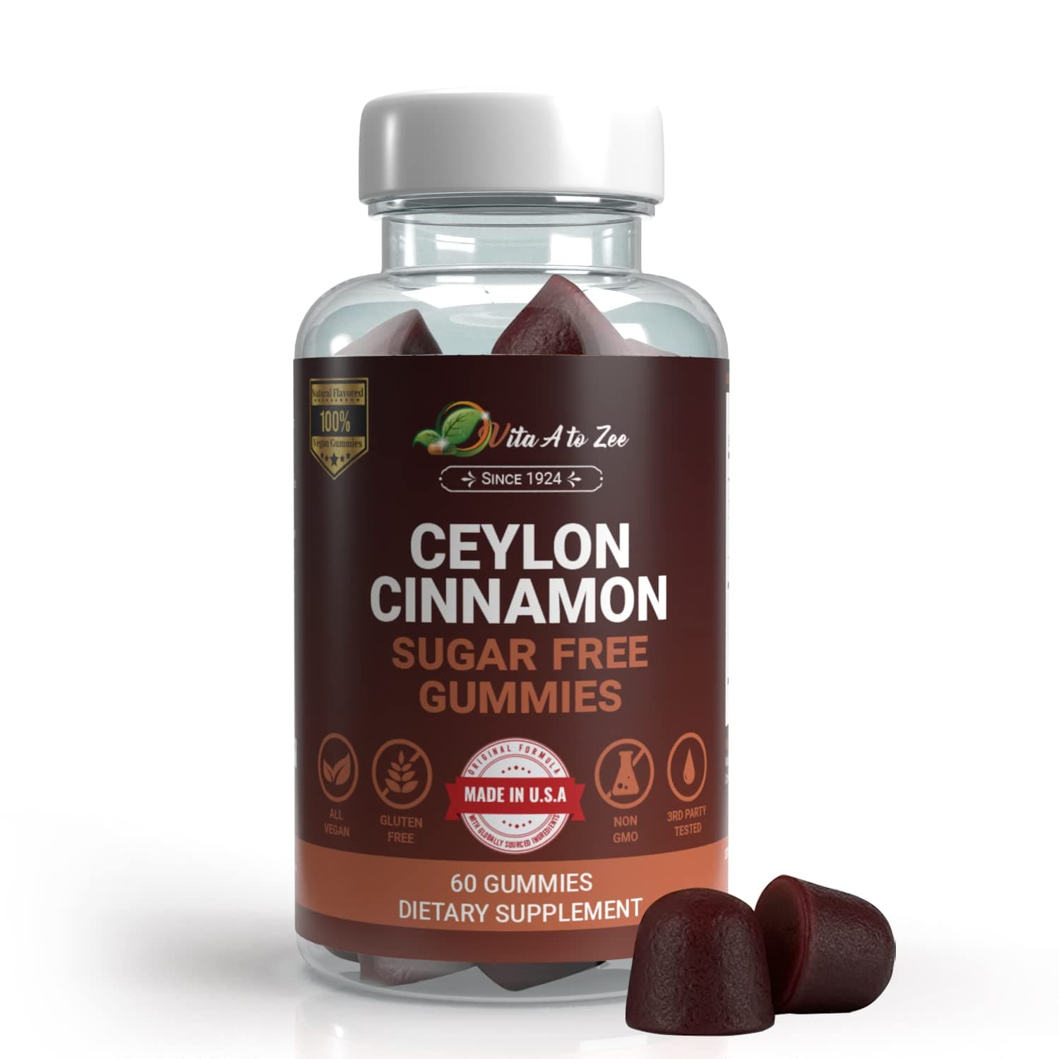 Ceylon Cinnamon Gummies Sugar Free, 60 Count | 2,000 MG | Healthy Blood Sugar Levels, Joint Support, Help Sugar Metabolism | Gluten Free, GMO Free, Vegan