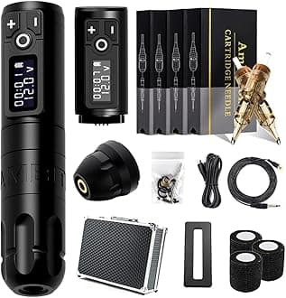 Ambition Soldier Wireless Tattoo Machine Kit Complete Rotary Coreless Motor Tattoo Pen Kit with Extra 1950mAh Battery 80pcs Premium Mixed Size Cartridge Needles Supply for Professional Tattoo Artist