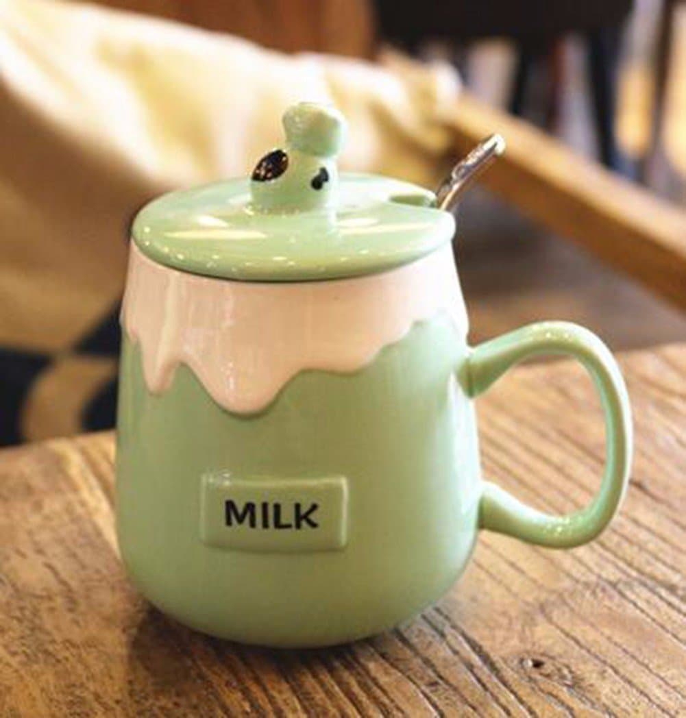 QPSSP Coffee Cup Creative Cute Milk Cup, Ceramic Cup, Lovers Fashion Coffee Cup, Students With A Cup Of Spoon, With A Lid, Breakfast, Oatmeal, Orange,B