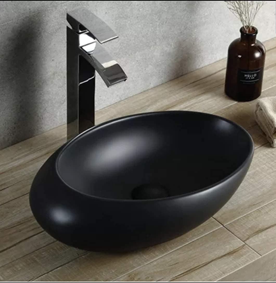 B BACKLINE Ceramic Designer Oval Shape Premium Counter Top/Over Counter Wash Basin Table Top/Vessel Sink For Bathroom & Living Room 19 X 12 X Inch (Black Matt)