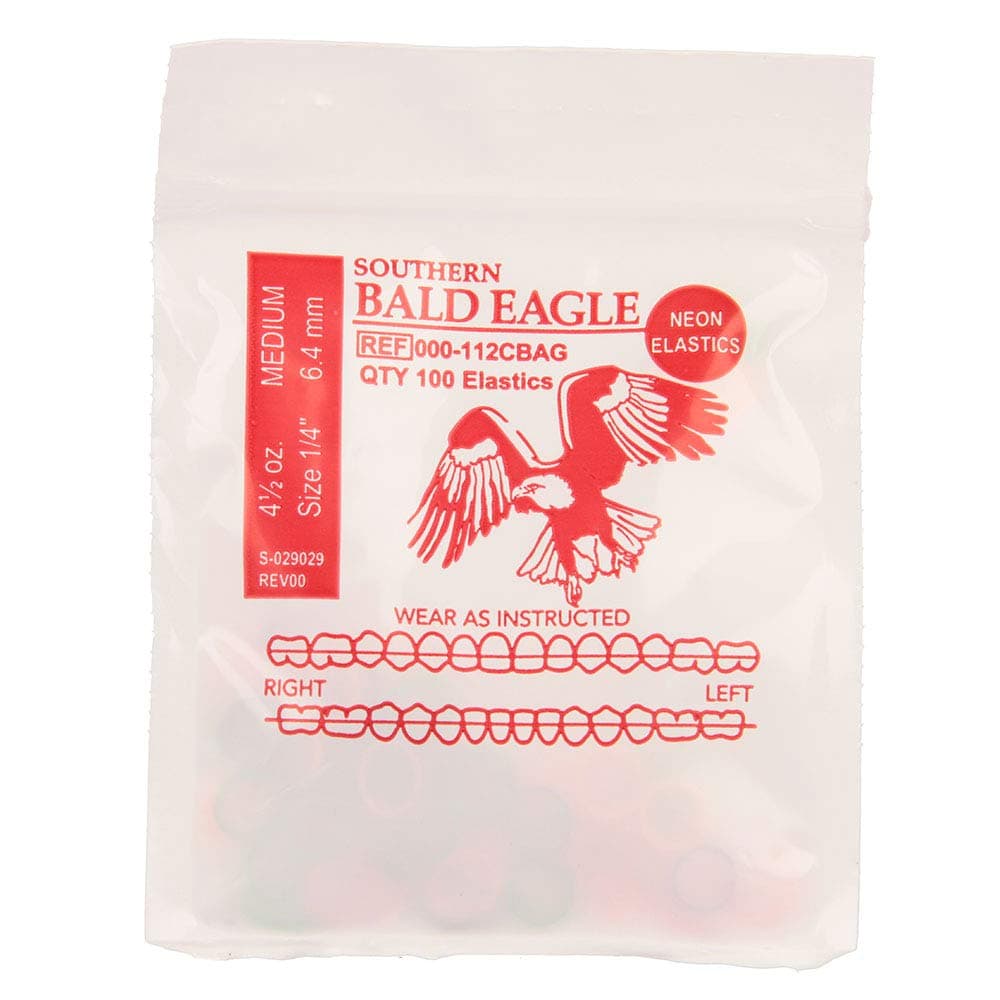 American Orthodontics Elastics Wildlife Eagle | Assorted Neon, Medium, 4.5 Oz, 1/4' Size, 75 Packs Per Box, 7,500 Elastics | Made in The USA | Neon Colors, Top Quality Latex Tubing