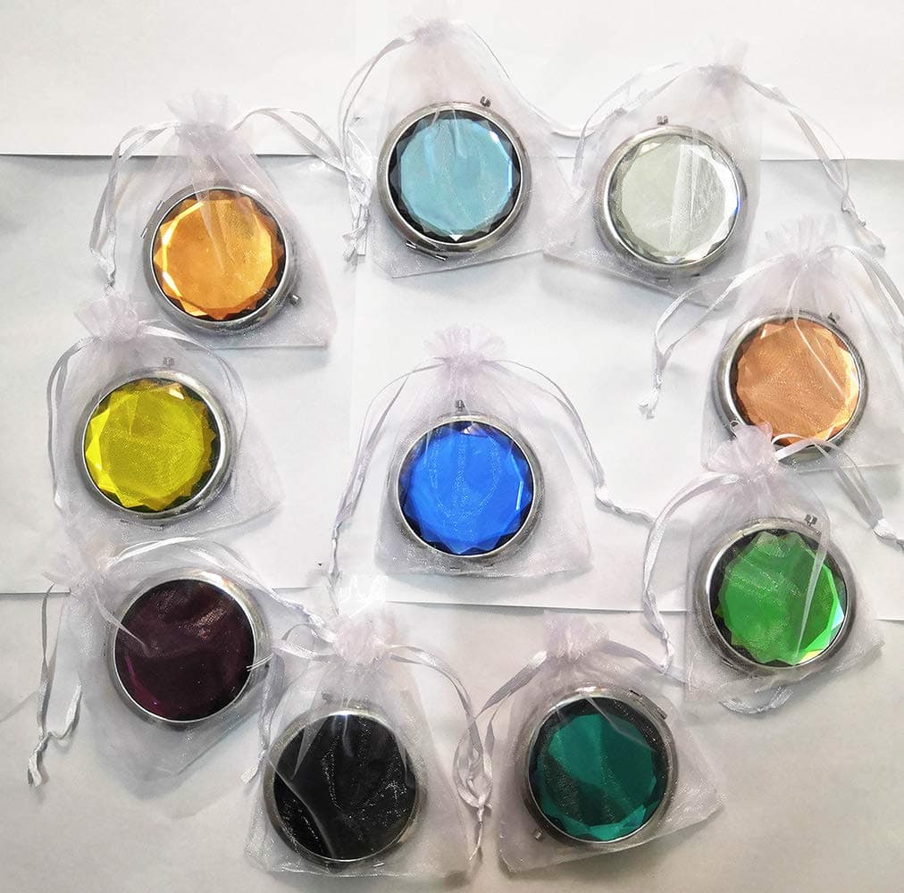 10pcs (1 Set) Different Colors Double Compact Cosmetic Makeup Round Pocket Purse Magnification Jewel Mirror Wedding Gifts for Guests（ Come with White Organza Pouch）