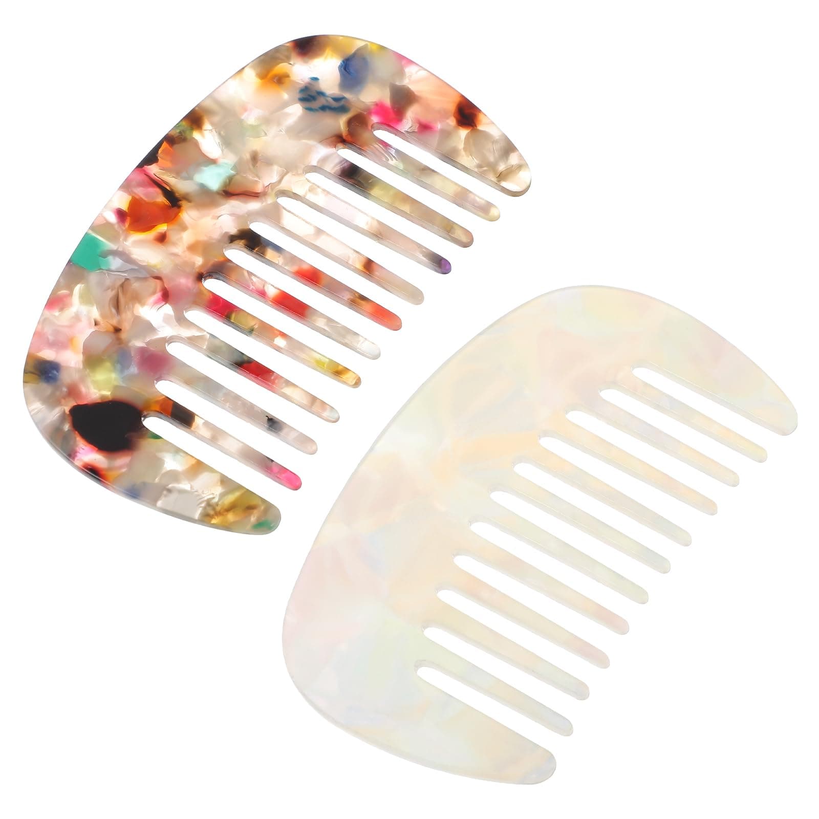 Wide Tooth Detangling Comb - 2 Pc Multicolor Acetate Anti-Static Small Size Hair Detangler Brush For Bangs, Thick Curly Wavy Long Hair - Wet And Dry Use