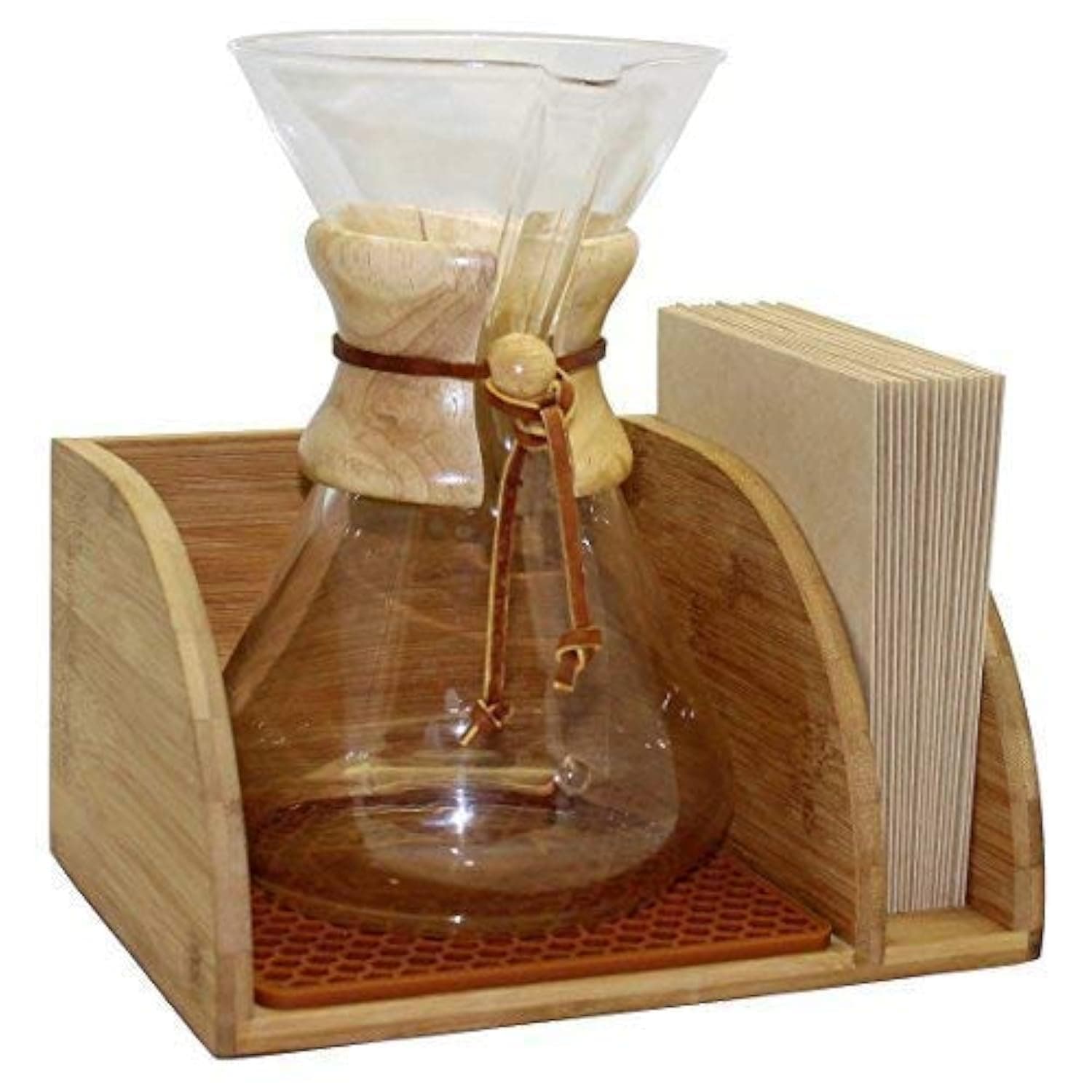 Caddy for Pour Over Coffee Maker, Bamboo Stand fits Chemex, Bodum, Cosori, HexNub Coffee Carafes, Heatproof Mat, Filter Holder
