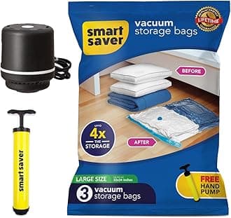 Smart Saver Vacuum Compression bags | vacuum storage bags | vacuum bags for travel | space saver vacuum bags (3Large + Electric and Manual Pump)