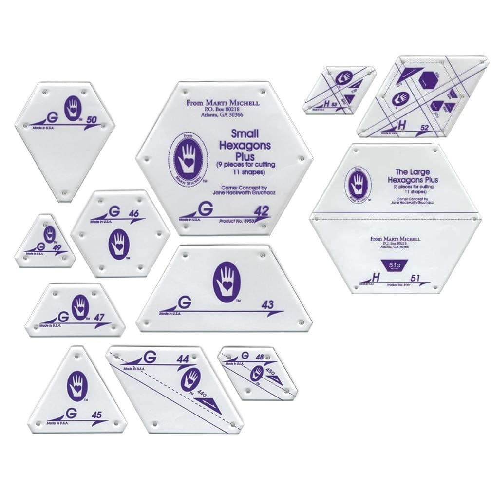 Marti MichellHexagon Quilting Template Sets - 2 Items: Template Set H, Large Hexagons Plus and Template Set G, Small Hexagons Plus - Part of The Marti Michell Perfect Patchwork System for Quilting