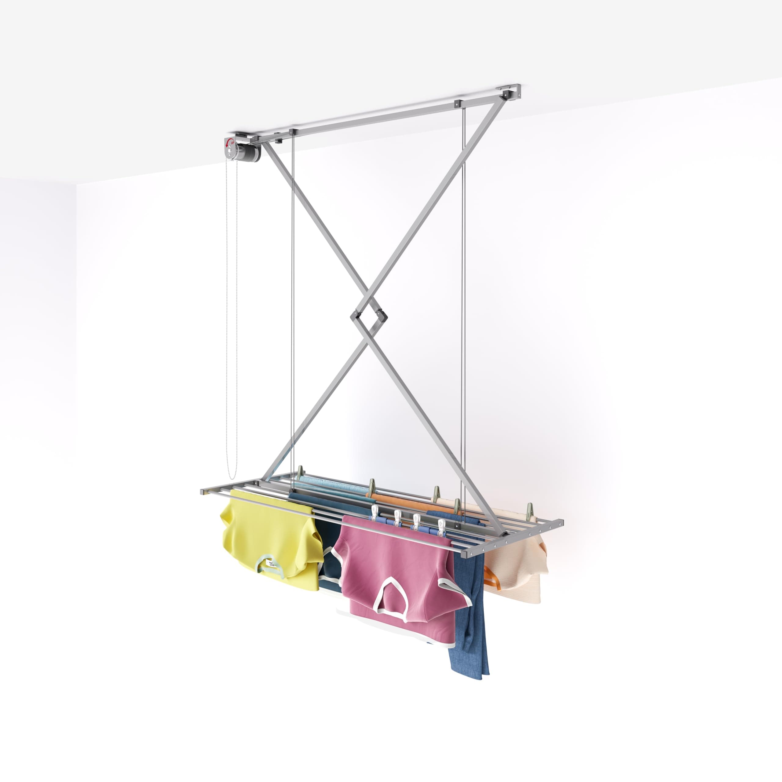 foxydry Mini, Ceiling Mounted Pulley Clothes Airer, Clothes Drying Rack, Vertical Folding Laundry Drying Rack in aluminium and steel 50.40x21.26x9.84 IN (Grey, 128 cm)
