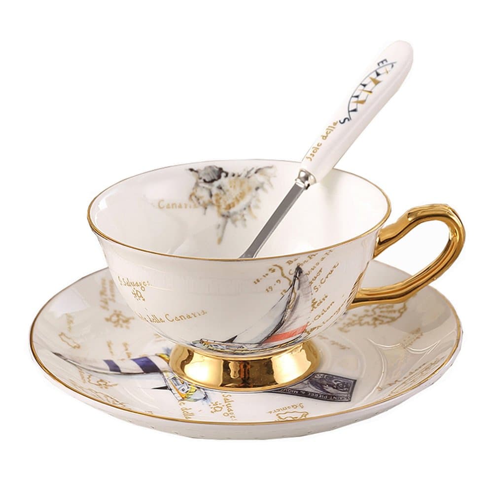 Bone China Ceramic Tea Cup Coffee Cup with Saucer,Lighthouse,Sailboat,Stamp (1 Set)