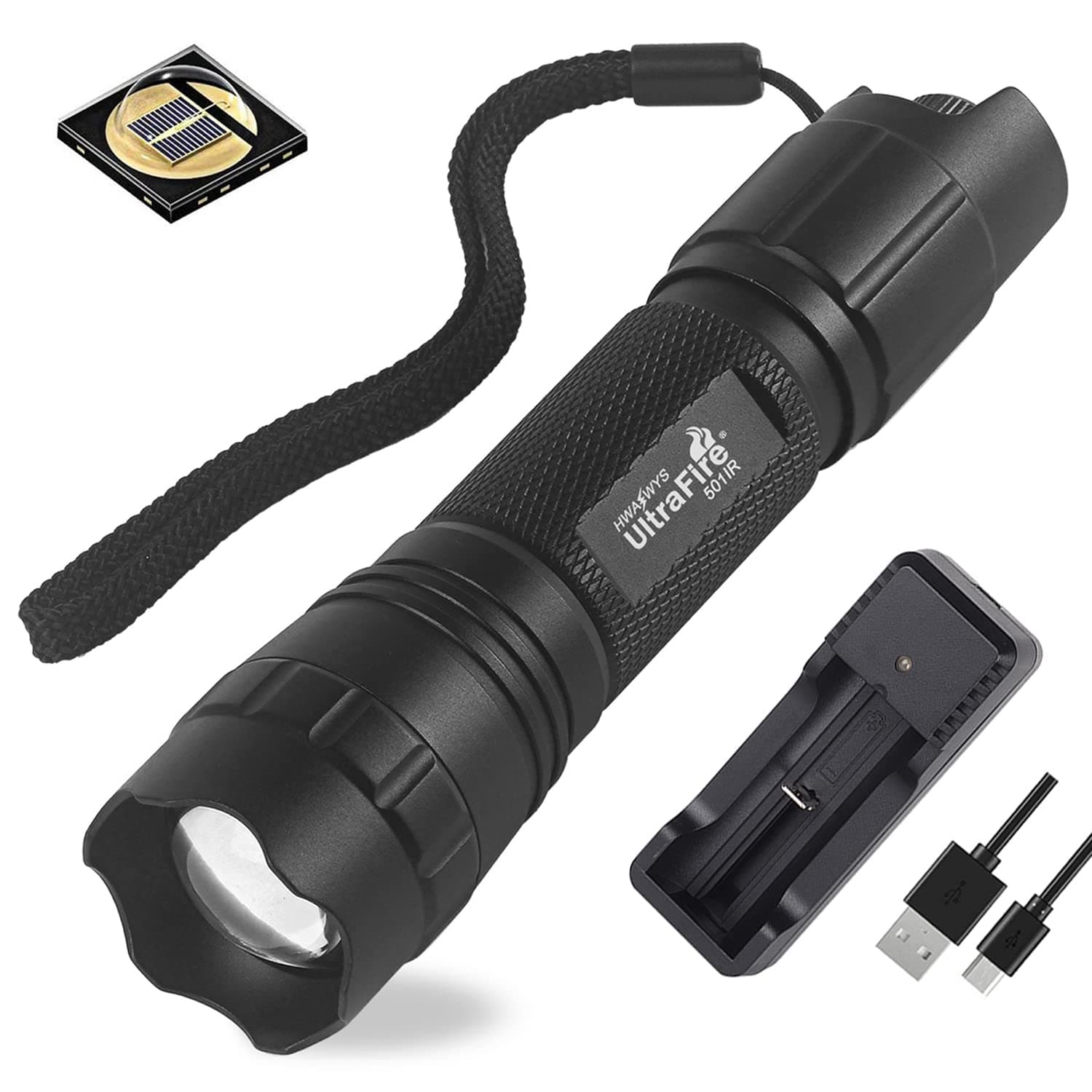 UltraFire 940nm IR Flashlight,Adjustable Focus Infrared Night Vision Light,Stepless Dimming LED Hunting IR Illuminator for Night Vision Devices,Infrared Illuminator Torch with Charger and UFB26
