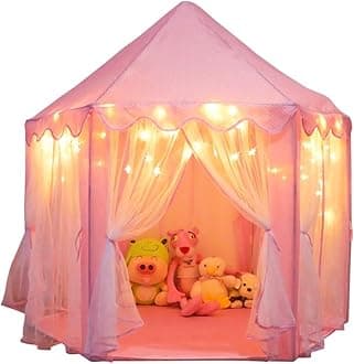 Princess Castle Play Tent for Girls, LED Star Lights, Indoor & Outdoor Playhouse, Polyester, Pink, 55" x 53", Toddler & Kids Toys Ages 2–7