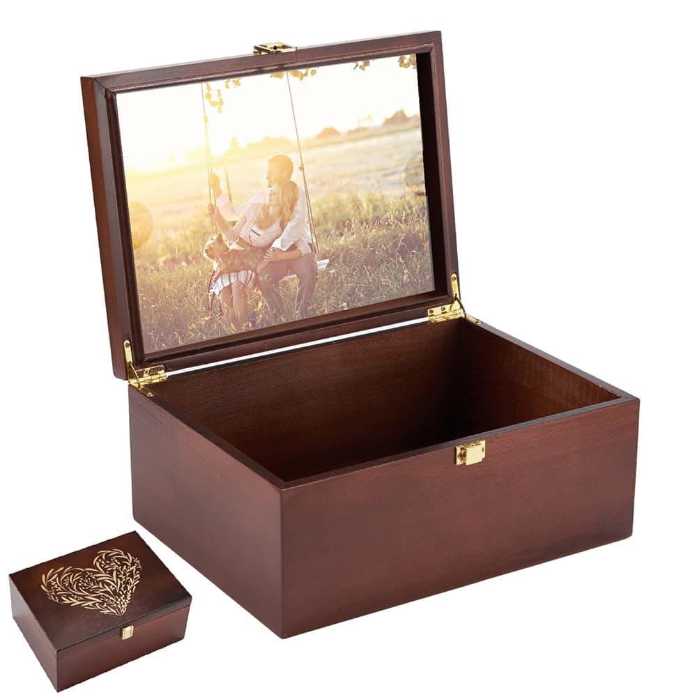 Larger Wooden Memory Keepsake Box with Hinged Lid & 8x10 Photo Frame Inside Lid – Decorative Storage Box With a Hinge Lids for Pictures, Letters & Time Capsule – Wooden Gift Box, 5.3” x 8.6” x 11.7”