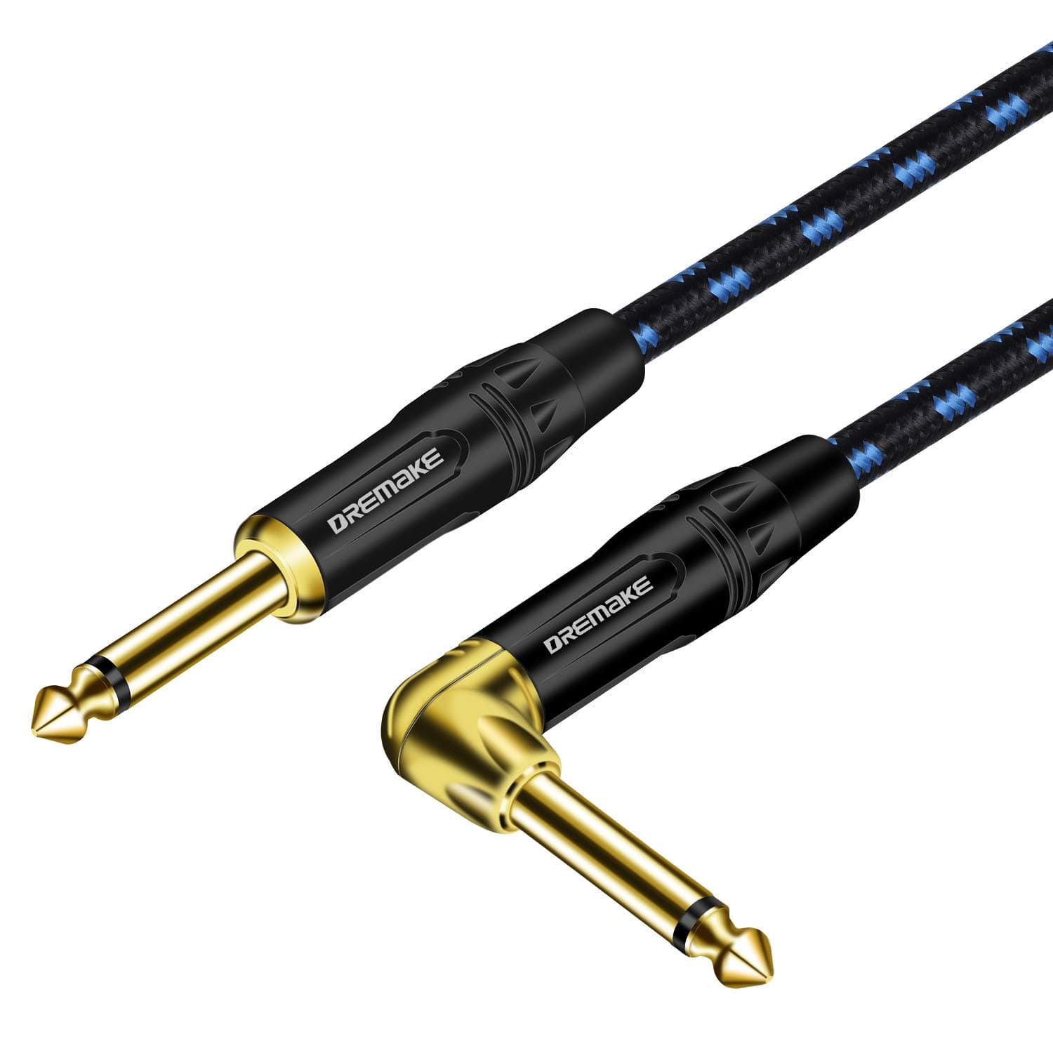 DREMAKE Cable 1/4" (6.3mm) Straight to Right Angle, Black/Blue Braided Tweed 1/4 Inch to 1/4 Inch Patch Cord, 25FT Instrument Guitar Cable for Keyboards, Electric Mandolin, Pro Audio to Amp