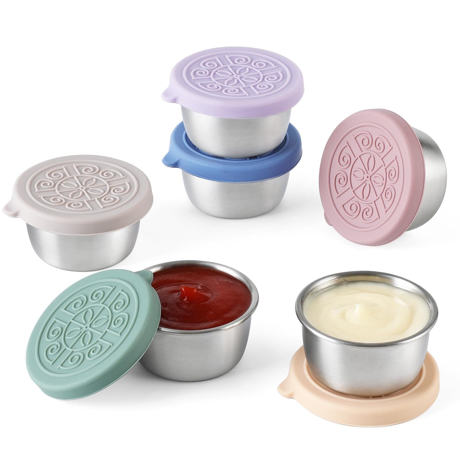 VITEVER [6 Pack] Salad Dressing Container To Go, 1.6 oz Small Condiment Containers with Lids, Reusable Stainless Steel Sauce Cups , Leakproof Silicone Lids for Lunch Bento Box, Picnic and Travel