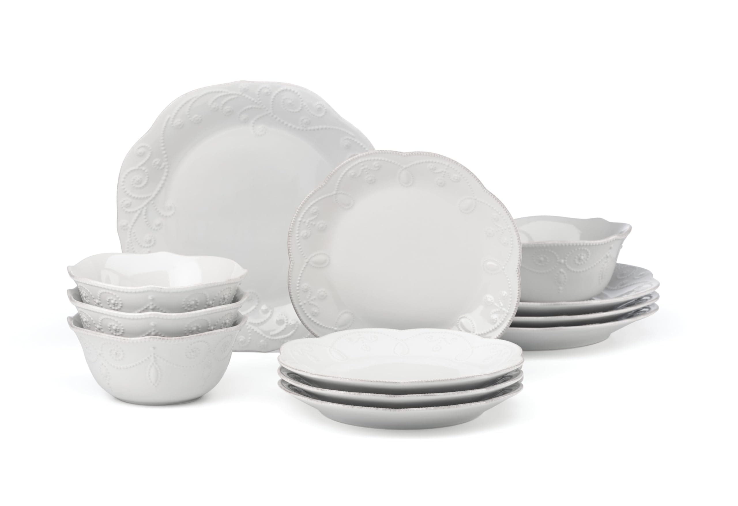 Dinnerware Set, French Perle White 12-Piece Set, Service For 4, Stoneware Material, Dishwasher Safe, Microwave Safe, Plates, Bowls, Home & Kitchen, Plates And Bowls Sets (White, 12 Piece)