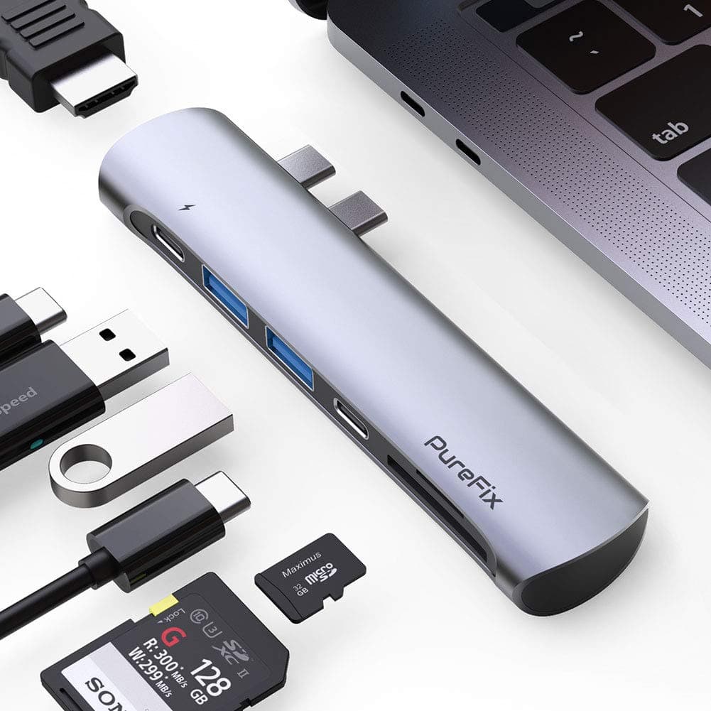 PureFix Mac USB C Hub, Thunderbolt 3 to USB C Multiport Adapter for MacBook Pro 16 15 13 inch & MacBook Air, 7-in-2 Dongle with 4K HDMI, 100W PD, USB C & 2 USB 3.0 Data Ports, SD & MicroSD Card Reader
