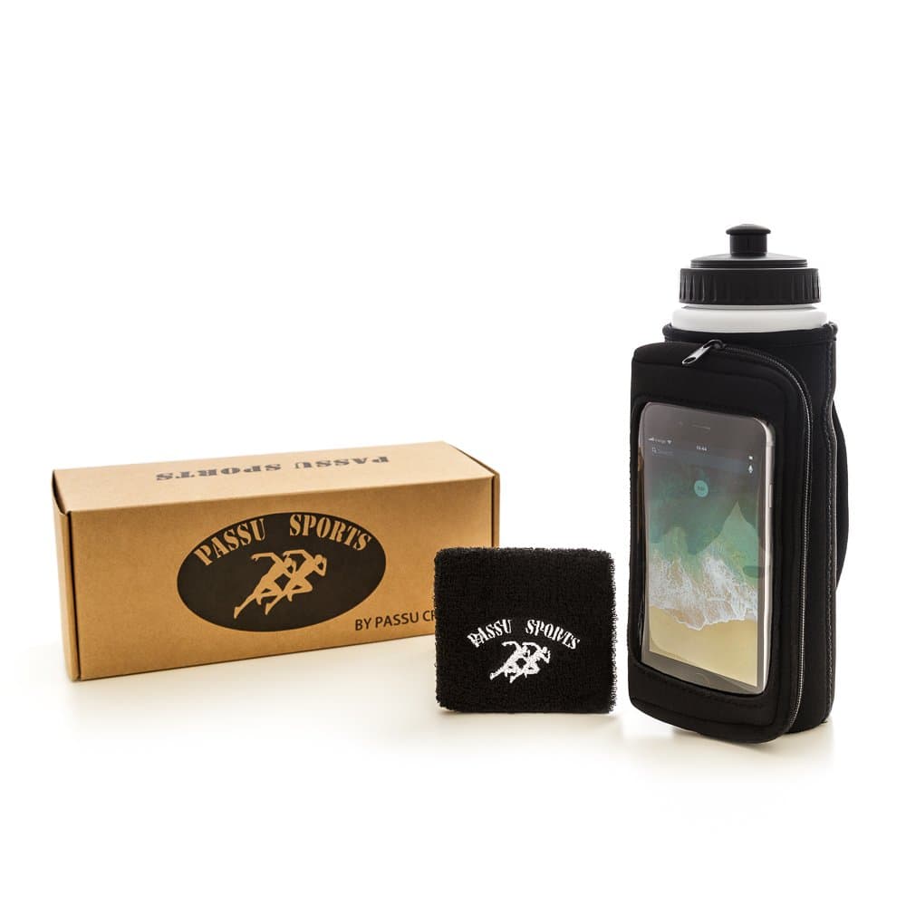 Handheld Running Water Bottle Holder | Neoprene Water-Proof Hydration Pack | Touchscreen Zipper Pocket Fits All Smartphones | Sweat Wristband | BPA Free Water Bottle 25 Oz