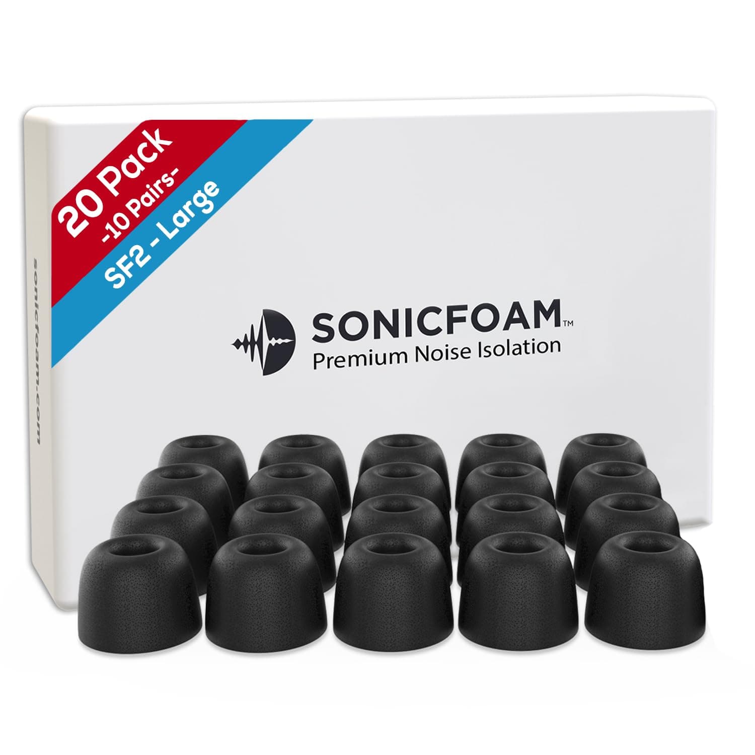 (SF2 Large Black) Memory Foam Earbuds for 4.4-5.7mm Speaker Diameter Earbuds - (20 Pack / 10 Pairs)