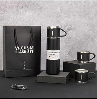 Vacuum Flask Set 500ML Stainless Steel Thermos Bottle with 2 Steel Cups, Coffee Tumbler & Tea Mug Gift Set, Hot & Cold Water Bottle with Gift Box – Diwali Gifts for Employees (Black)