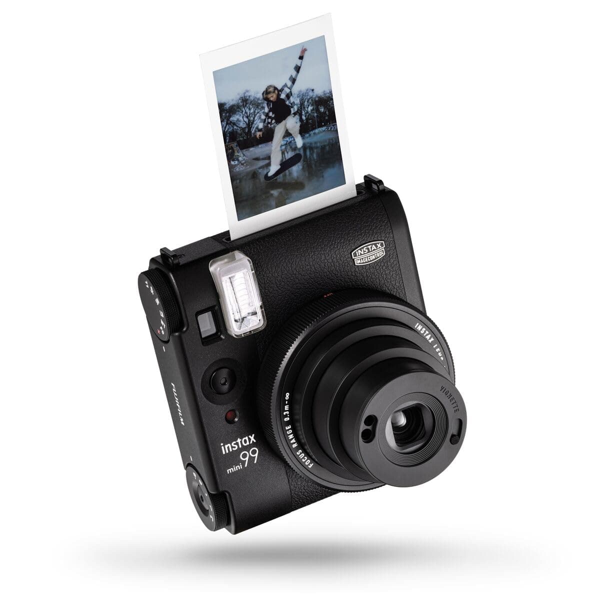 instax mini 99 instant film camera with Colour effect and brightness control, Landscape/Normal/Macro modes, and a manual Vignette switch, uses instax mini film Sold Separately