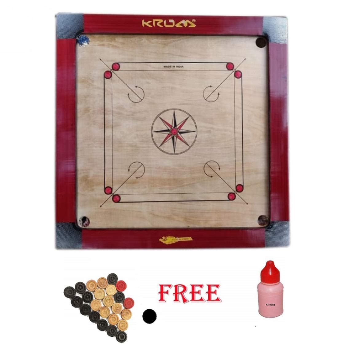 K-RUM Full Size( Extra Large) 36' Inches Round Pocket Carrom Board with Coins, Striker & Carrom Powder with 3 Inch Bouder Brown color Brown for 2 years or above