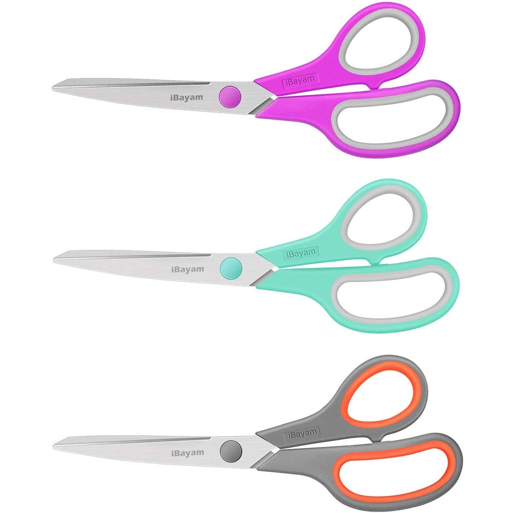 - Scissors, iBayam 8" All Purpose Scissors Bulk 3-Pack, Ultra Sharp 2.5mm Thick Blade Shears Comfort-Grip for Office Desk Accessories Sewing Fabric Home Craft Teacher School Supplies, Right/Left Handed