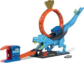 City Racetrack, T-Rex Chomp Down, Knock Down Dinosaur with Car Stunt in Giant Loop, Includes 1 Toy Car in 1:64 Scale, Toys for Ages 4 and Up, One Pack, HNP77