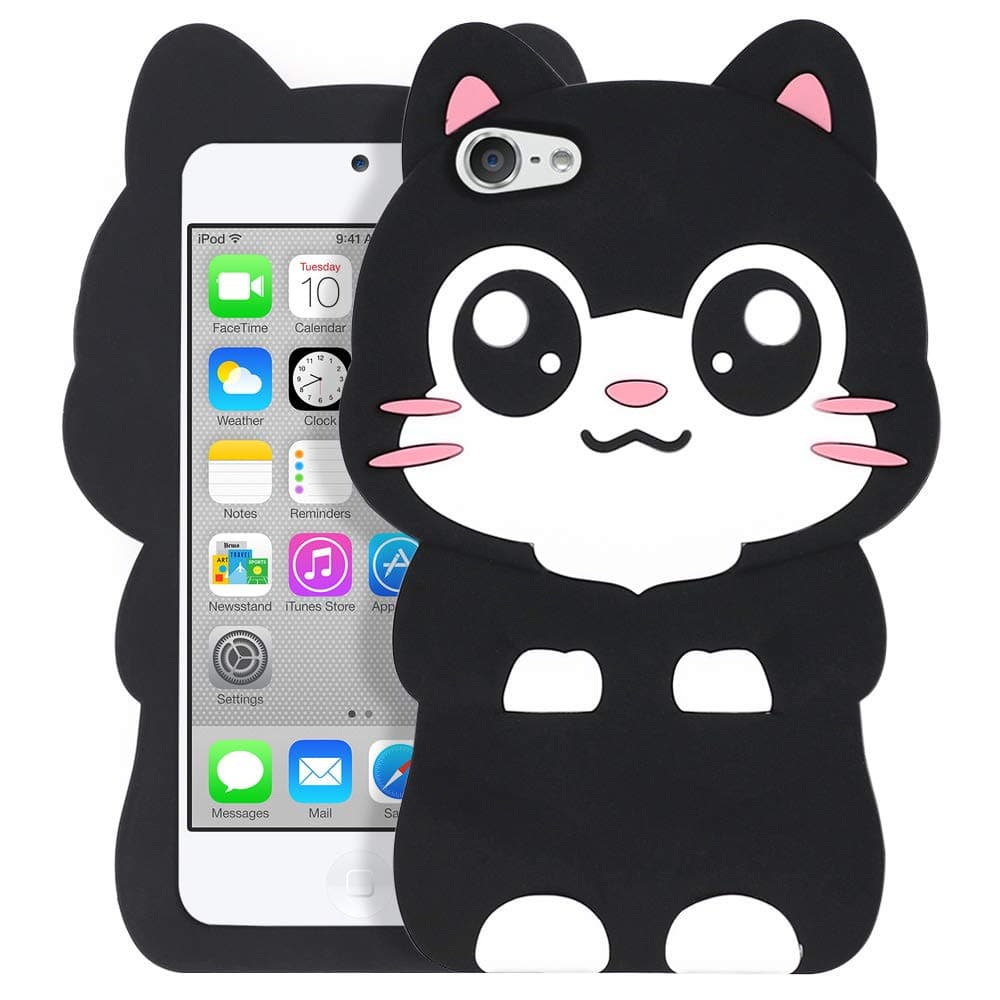Cute iPod Touch 7 Case, Big Eye Black Cat iPod Touch 6 Case, Kitty iPod Touch 5 Cases, Funny Kawaii Animals 3D Cartoon Soft Silicone Shockproof Cover for Girls Women