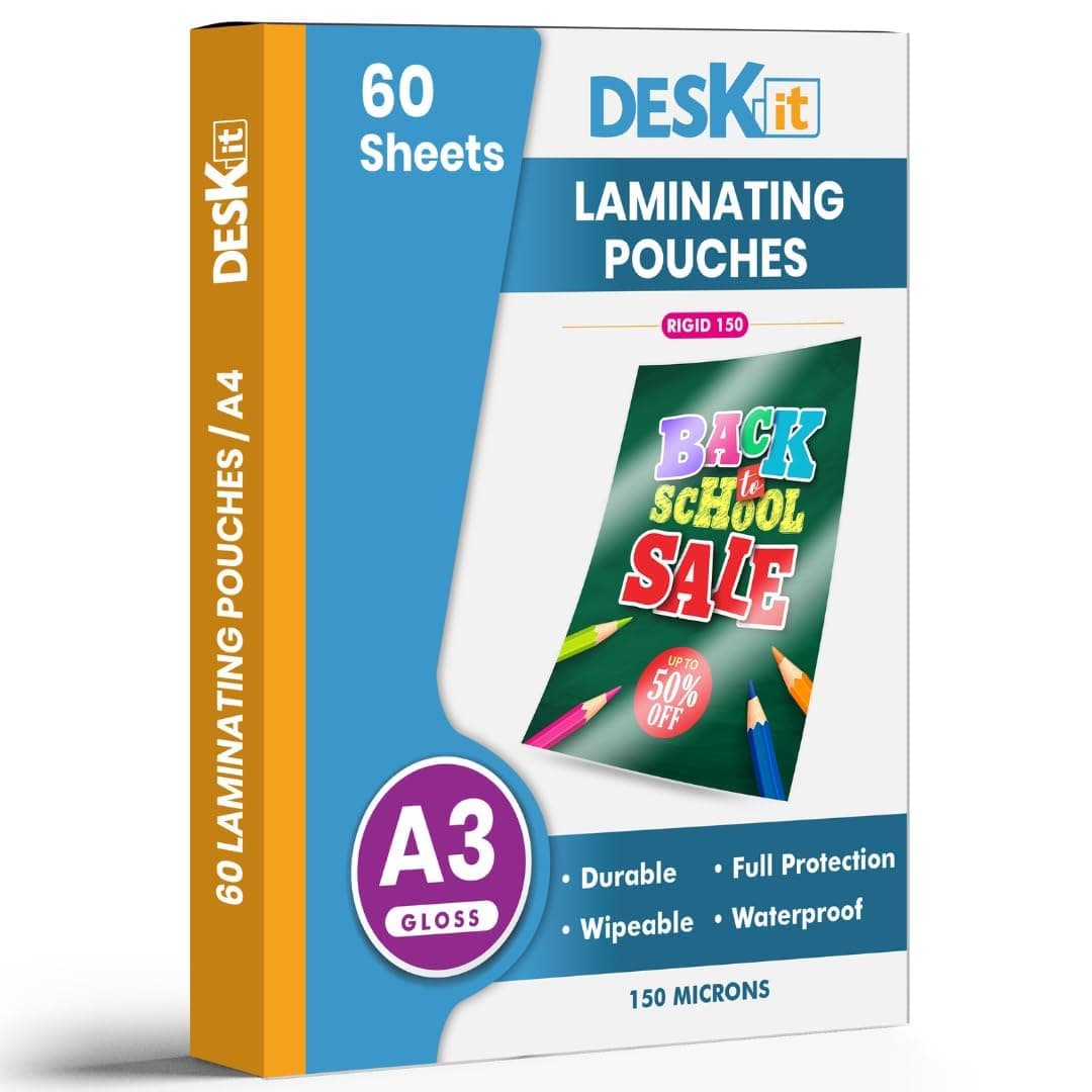 Deskit A3 Laminating Pouches, Glossy, 60 Sheets, 150 Microns - Clear and Durable Presentations - Ideal Rigidity for Everyday Use