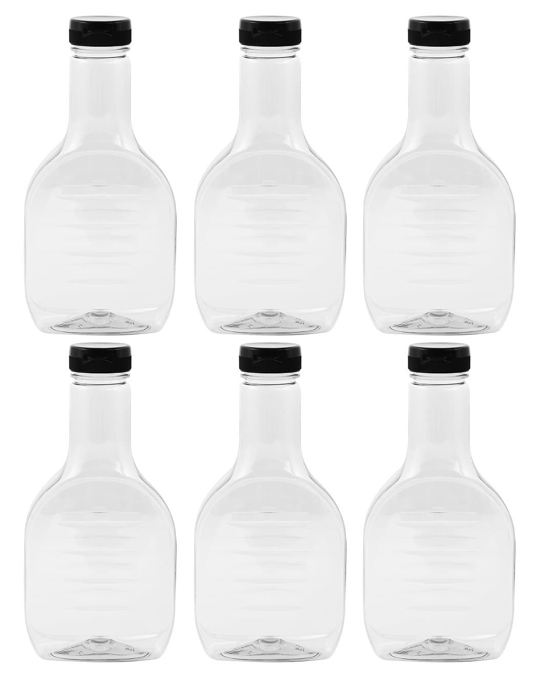 16 OZ BBQ/DRESSING CLEAR PLASTIC SAUCE BOTTLE WITH BLACK FLIP-TOP CAPS AND PRESSURE SENSITIVE LINER (Black caps, 6)