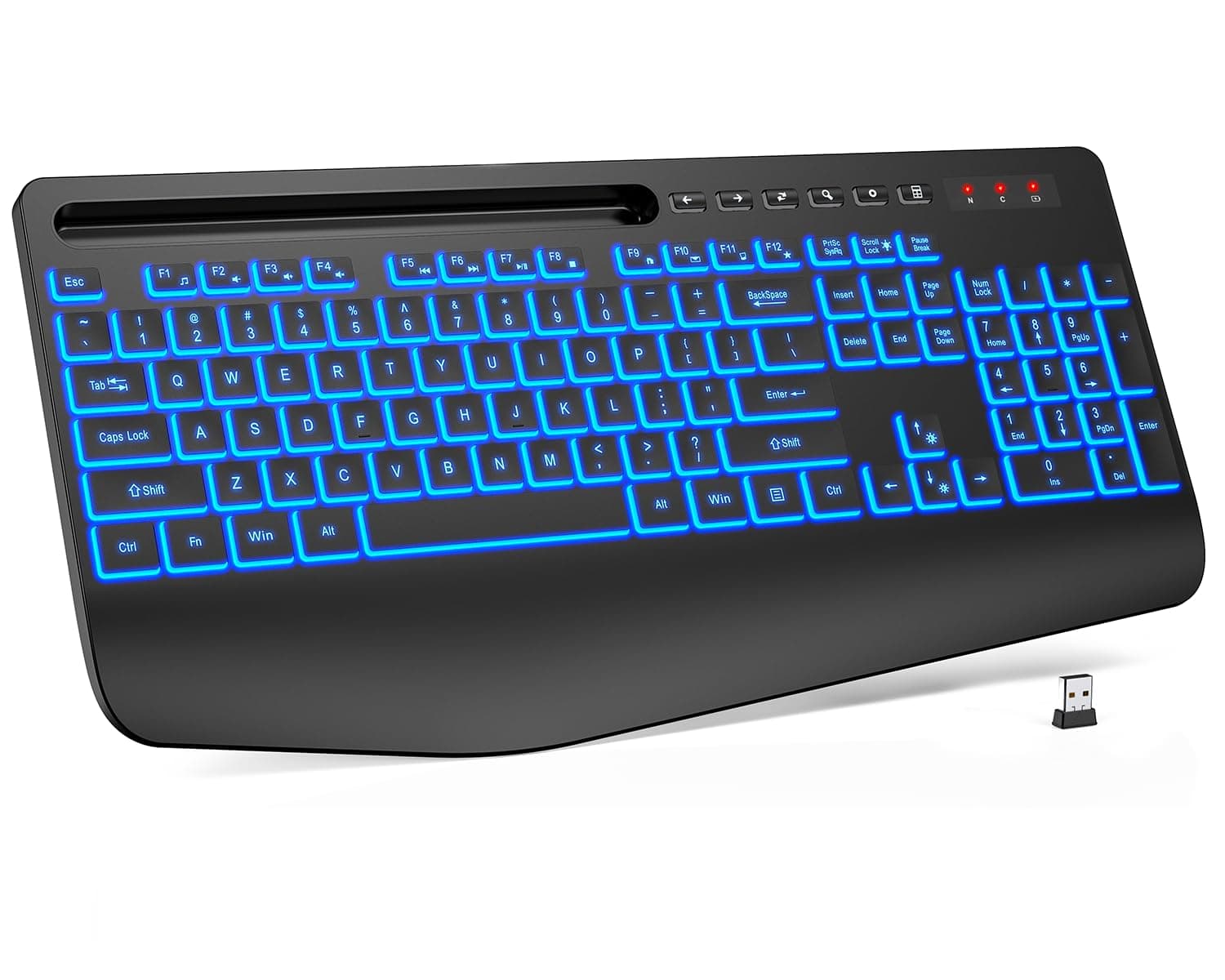 Trueque Wireless Keyboard with 7 Colored Backlits, Wrist Rest, Phone Holder, Rechargeable Ergonomic Computer Keyboard with Silent Keys, Full Size Lighted Keyboard for Windows, MacBook (Dark Black)