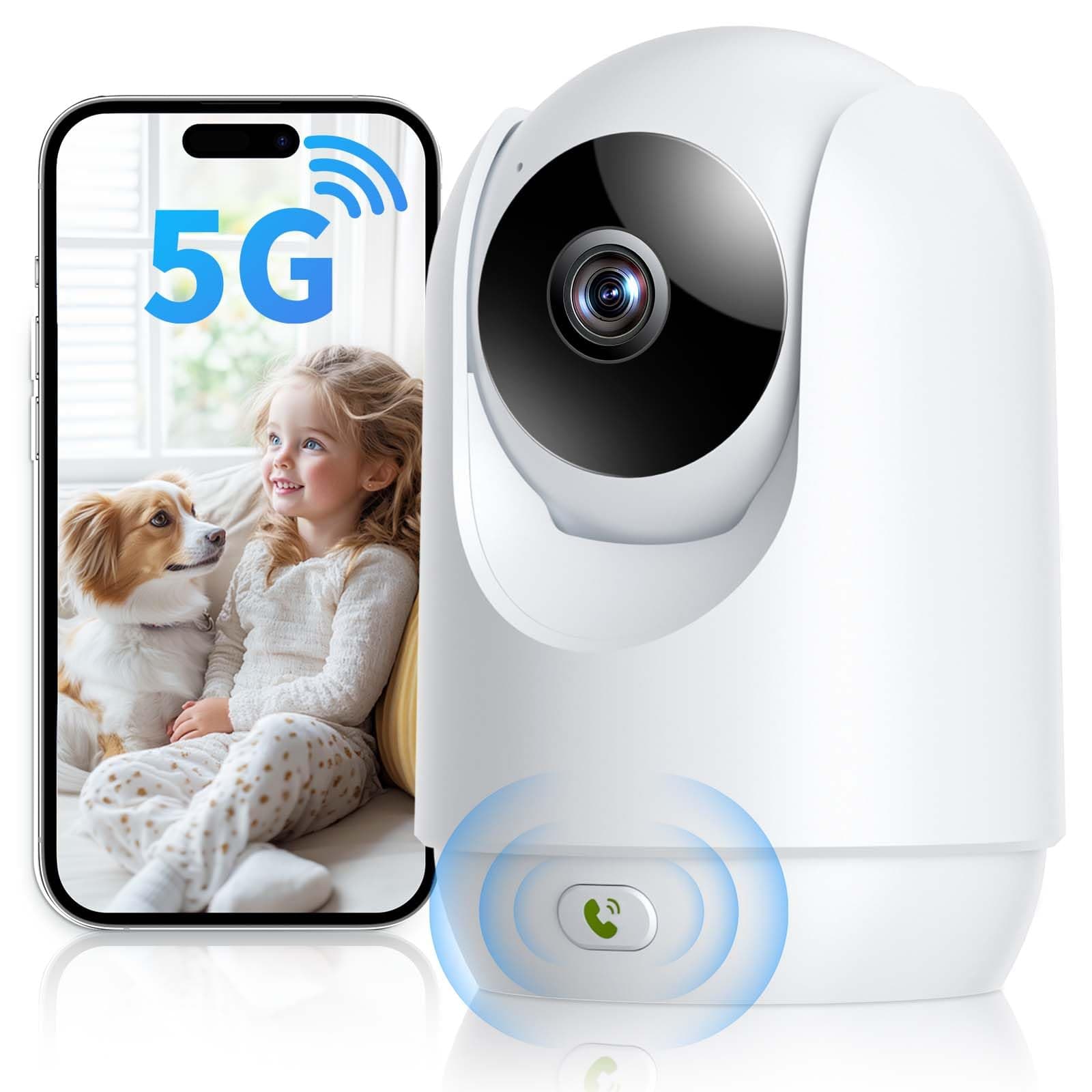Security Camera Indoor, 5G WiFi Cameras for Home Security, Pet/Baby Camera with Phone App, Plug-in, One-Click Call, Motion Tracking, Patrol, Pan/Tilt, 2-Way Talk, Work w/Alexa and Google Assistant