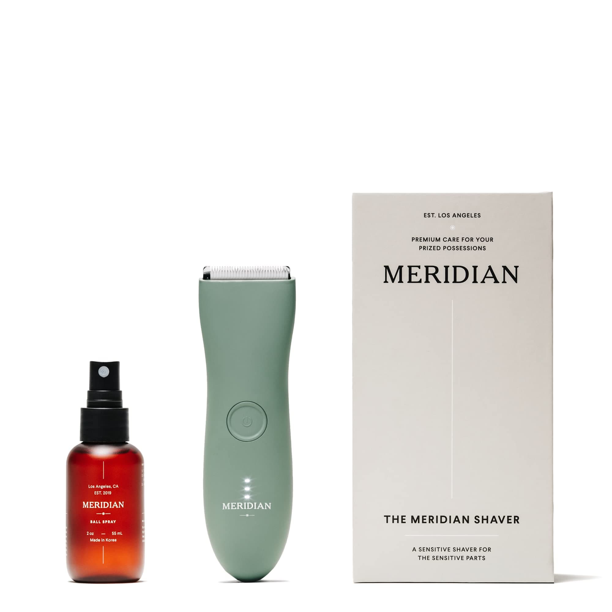MERIDIAN - The Complete Package: Includes Men‚Äôs Waterproof Electric Below-The-Belt Trimmer and The Spray (50 mL) | Features Ceramic Blades and Sensitive Shave Tech (Sage)