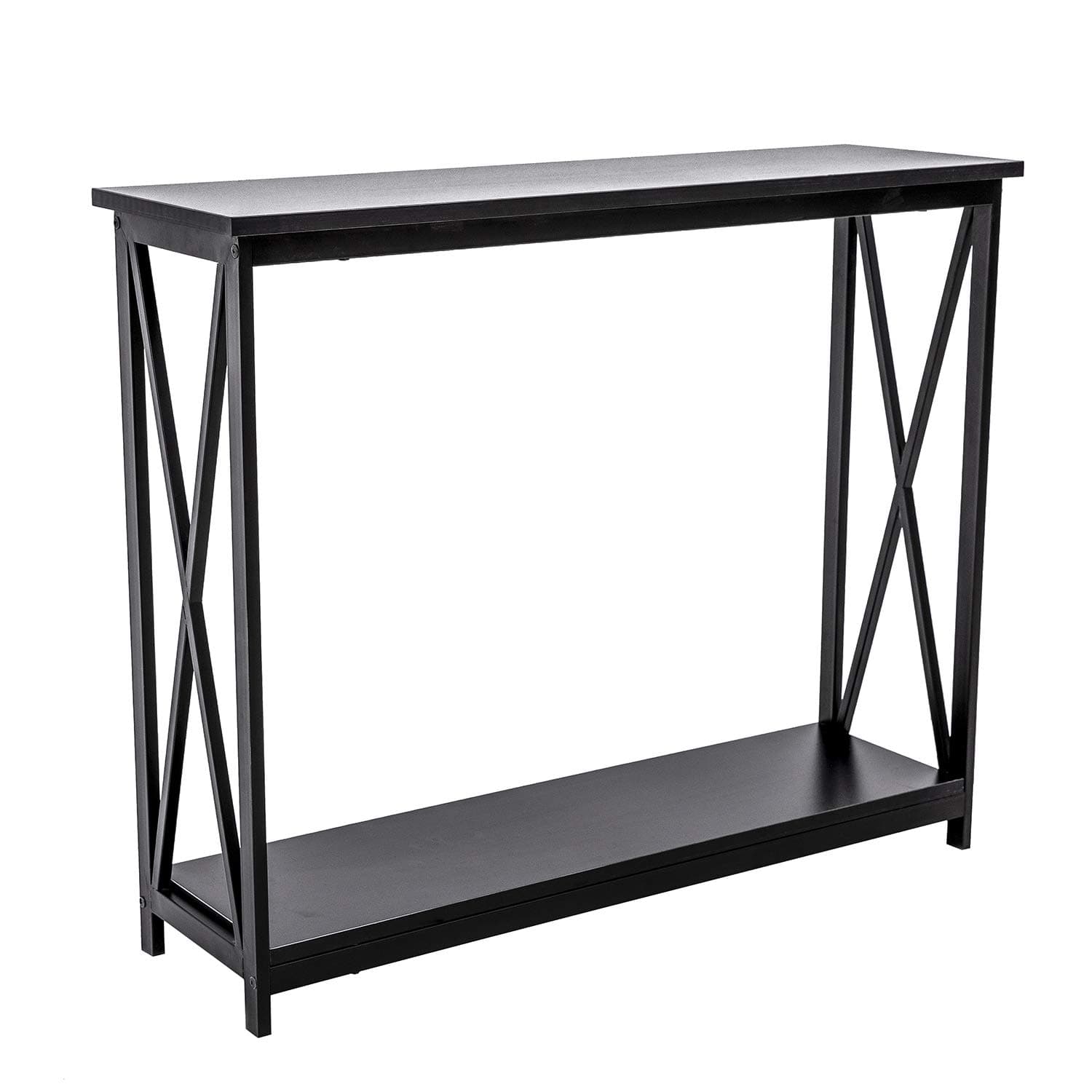 HOFOME Sofa Side Table, 2 Tier Console Table X-Design Entryway Hall Table with Storage, Long Narrow Accent Table for Living Room, Black