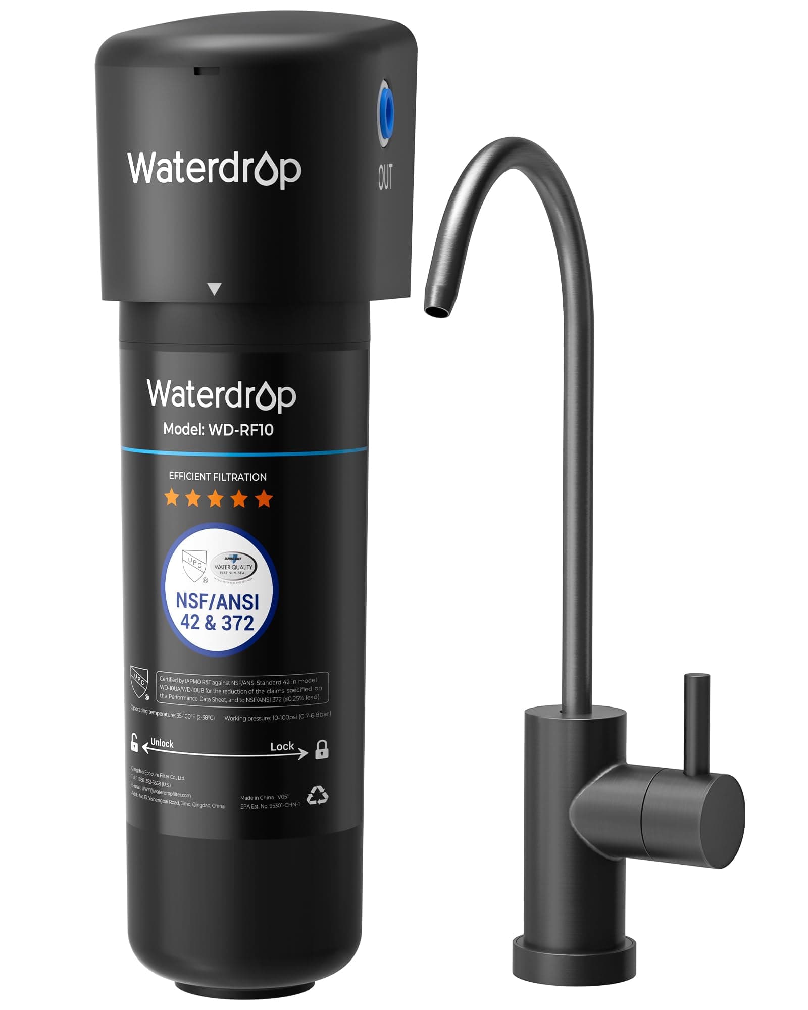 Waterdrop 10UB-B Under Sink Water Filter with Matte Black Faucet, NSF/ANSI 42 Certified, 11,000 Gallons High Capacity Water Filter System, Reduce PFAS, PFOA/PFOS, Reduce Lead, Chlorine, Bad Taste