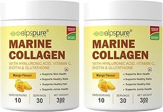 Alpspure Nutra Marine Collagen/Fish Collagen Powder (Pack of 2-300 G Each) with Hyaluronic acid, Vit C, Biotin & Glutathione | Supports Healthy Skin, Hair, Nails & Joints | Mango Flavour