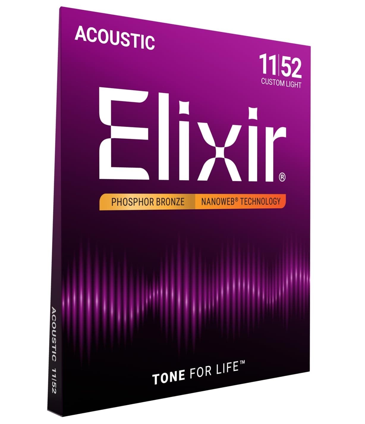 Elixir 16027 Strings Phosphor Bronze Acoustic Guitar Strings w NANOWEB Coating, Custom Light (.011-.052)
