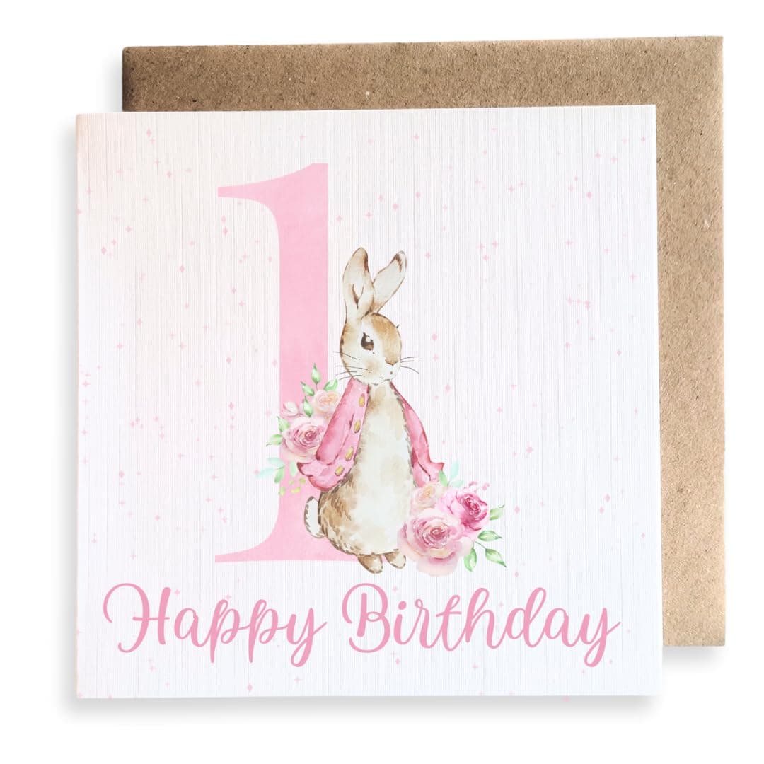 Second Ave Cute 1st Birthday Age 1 Pink Bunny Rabbit Square Card Birthday Greeting Card for Girl