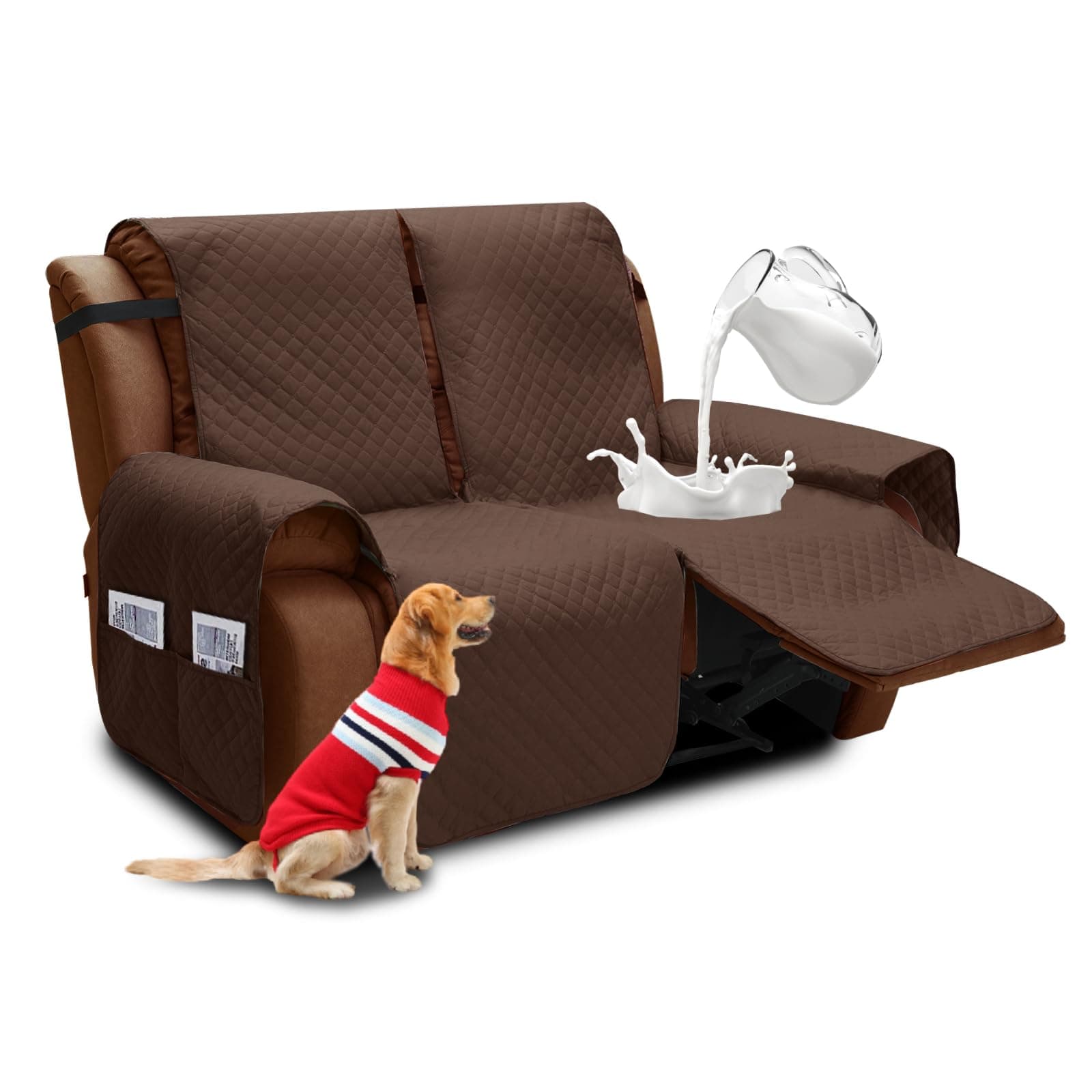 XINEAGE Water Resistant Recliner Cover, 2 seat Recliner Loveseat Covers with Pockets, Quilted Thick Recliner Protector Cover for Dog Pets with Non Slip Backing and Strap (Recliner Loveseat, Coffee)