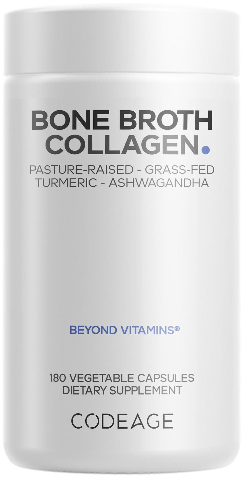 Codeage Organic Bone Broth Collagen Peptides Capsules Supplement, Bone Broth Grass Fed Beef, Free-Range Chicken, Turmeric & Ashwagandha - Collagen Types I, II, III - Non-GMO - 180 Capsules