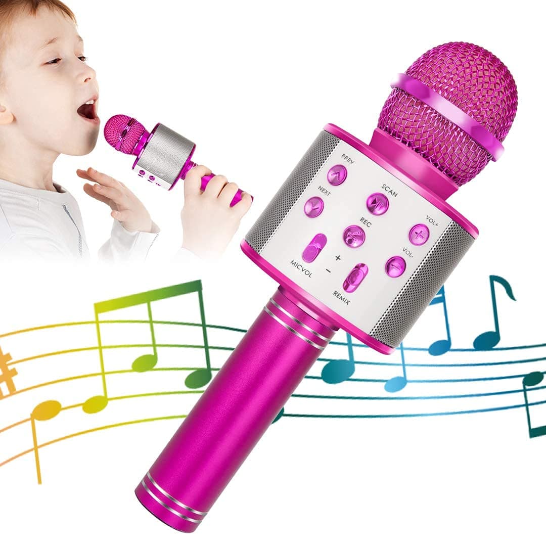 KIDWILL Wireless Bluetooth Karaoke Microphone for Kids, 5-in-1 Portable Handheld Karaoke Mic Speaker Player Recorder with Adjustable Remix FM Radio for Kids Girls Boys Teens Birthday-Hot Pink