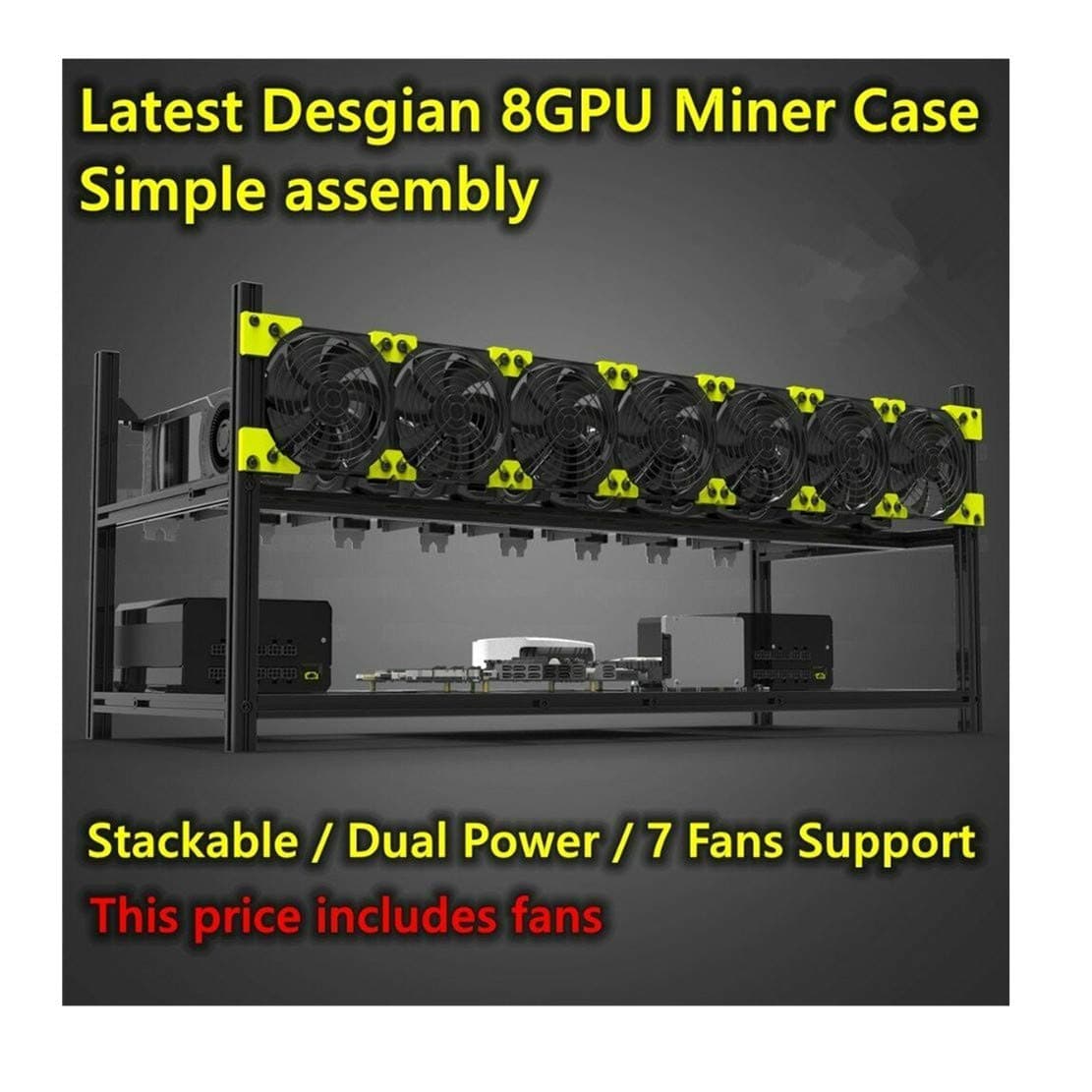 8 GPU Aluminum Stackable Open Air Mining Computer Frame Rig Ethereum Veddha with 7 Fans