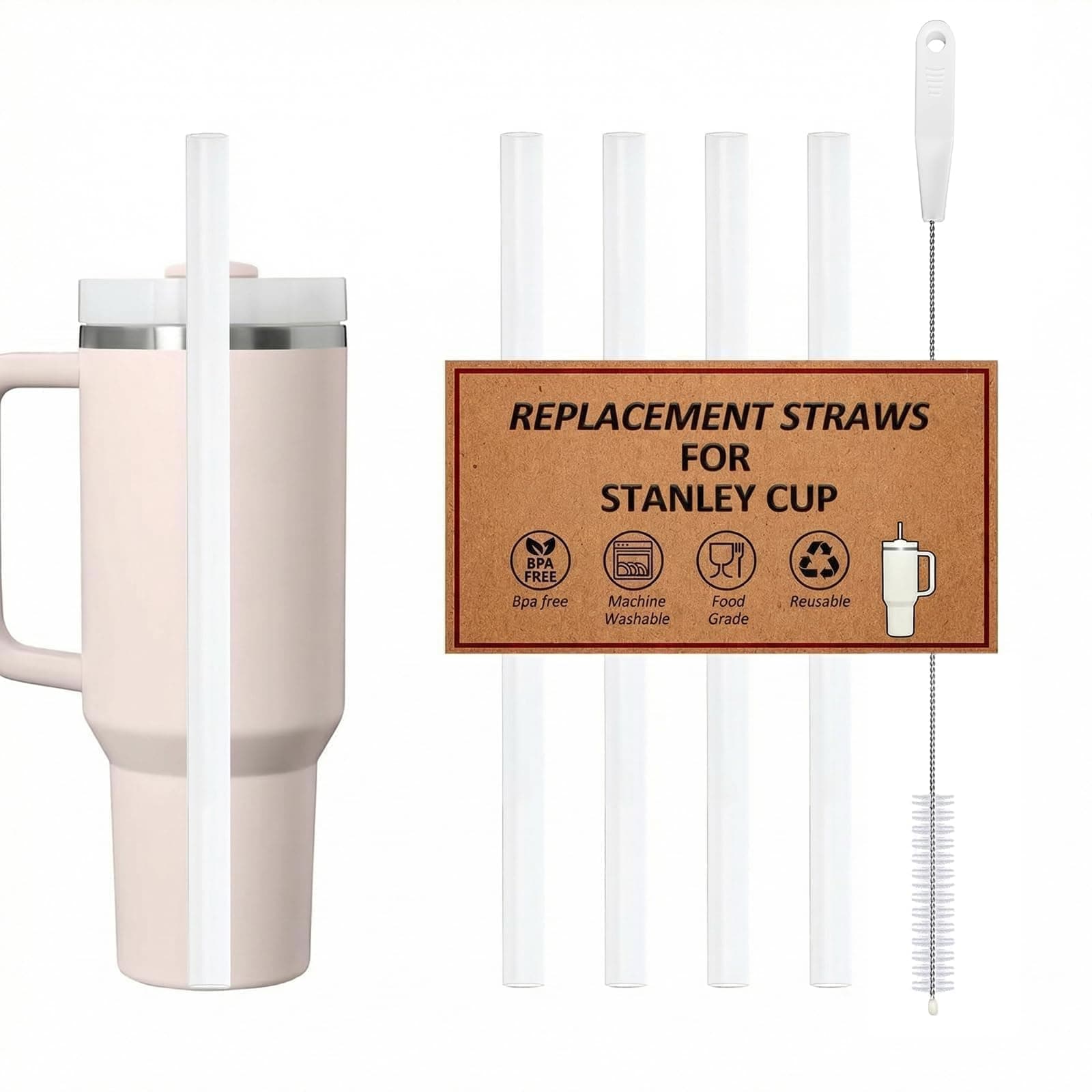 Reusable Straws for Stanley Cup 30oz | 40oz, Replacement Long Straw with 1 Brush for Stanley Cup Accessories,Food Grade & BPA Free, Machine washable(4 pack,30oz, Transparent White)