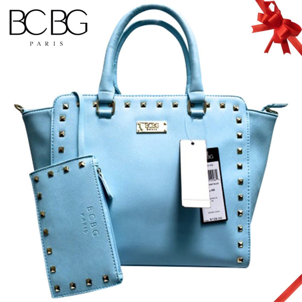 Bcbg Paris Tote Square w/Studs, Simple Style Pure Color Pu Leather Tote Shoulder Handbag for Women (Baby Blue)