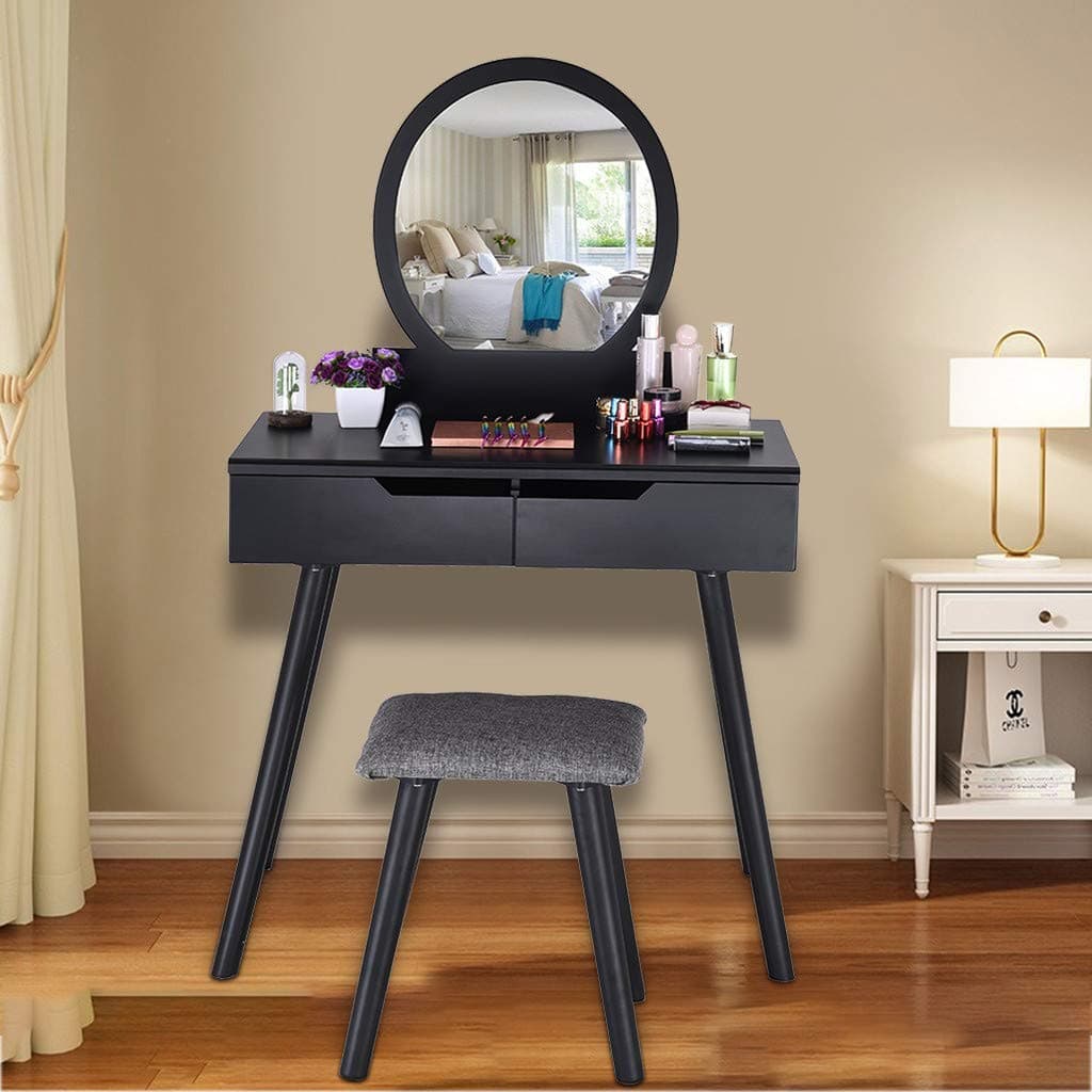 Fulijie Vanity Set, Black Makeup Vanity, Round Mirror, 2 Large Sliding Drawers, Vanity Stool, Makeup Dressing Table for Home Bedroom 31.9 x 16.1 x 50.7 Inch (Ship from US)