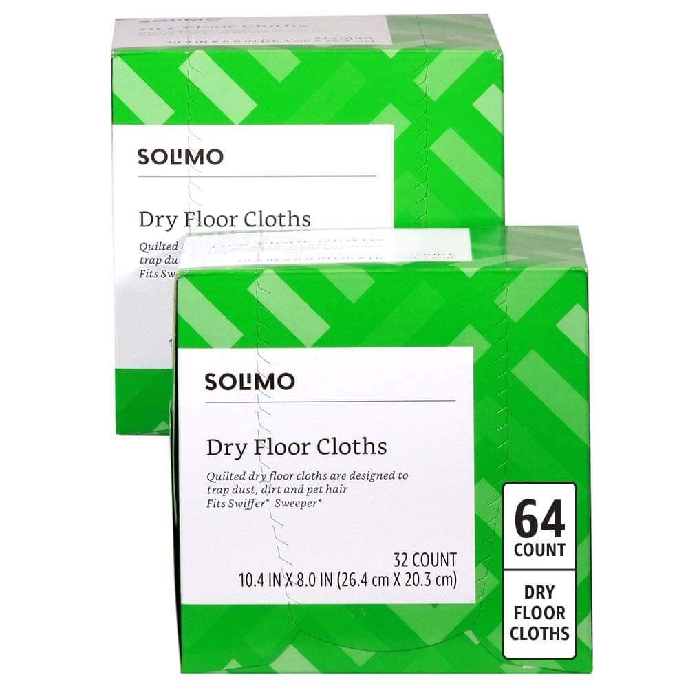 Amazon Brand - Solimo Dry Floor Cleaning Cloth, 64 Count (2 Packs of 32), White, 9.25"L x 6.1"W