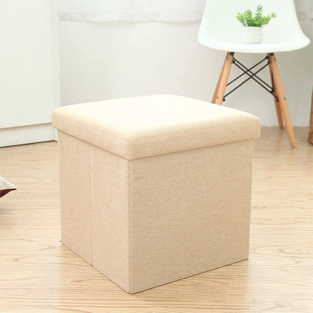 Smilee Storage Ottoman Folding Storage Ottoman Cube Footrest Seat,Space Saving Foldable Storage Ottoman Boxes Padded with Memory Foam Folding Stool Beige 303030cm, SSZ167-BG