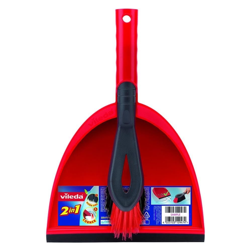 Vileda 2x1 Short Handle Dustpan Standard – Dustpan And Brush, Ultra-Thin Black Fibers, Red Fibers, Ergonomic, Versatile, - Red & Black (25 x 5 x 35 cm)