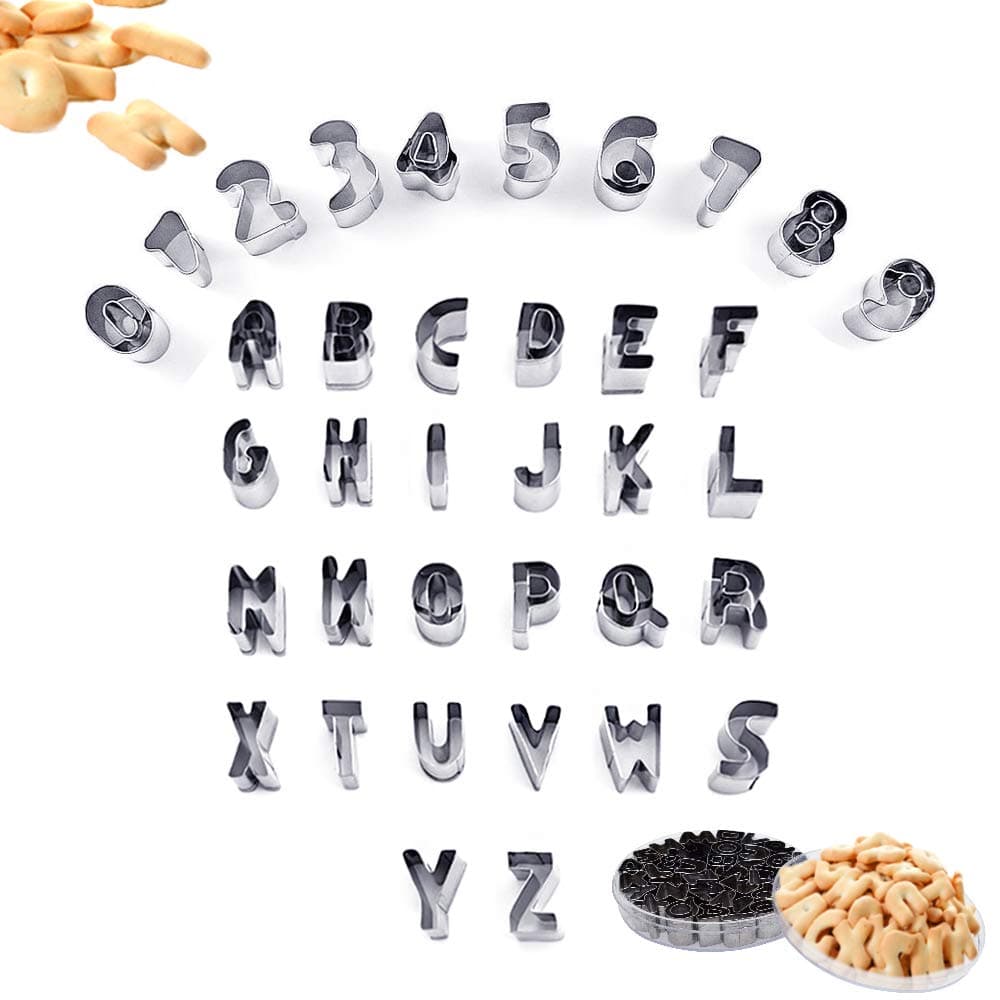 SITAKE 37 Pcs Mini Alphabet and Number Cookie Cutters Set With Storage Case, Stainless Steel Small Mold Tools for Fondant Biscuit, Cake, Fruit, Vegetables, Dough